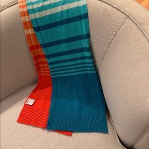 Never 2 Late Vibrant Lobster Orange and Teal Scarf 100% Cashmere Y2K